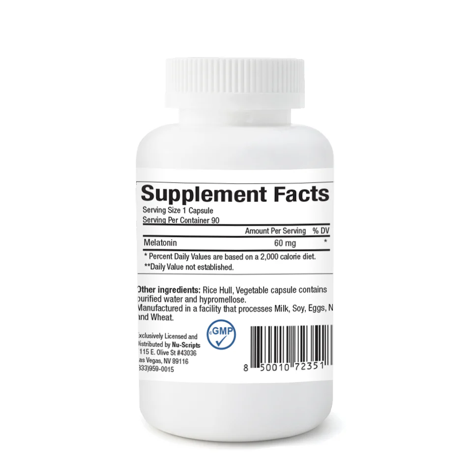 Melatonin 60Mg (Dfs) 2 back view of a bottle of melatonin 60mg (nu-scripts) showing the supplement facts label, ingredients, and manufacturing details.